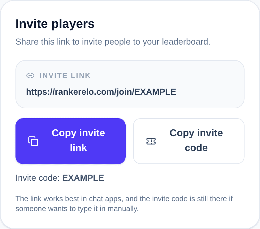 Invite players card showing an example invite link, an example code and buttons to copy either