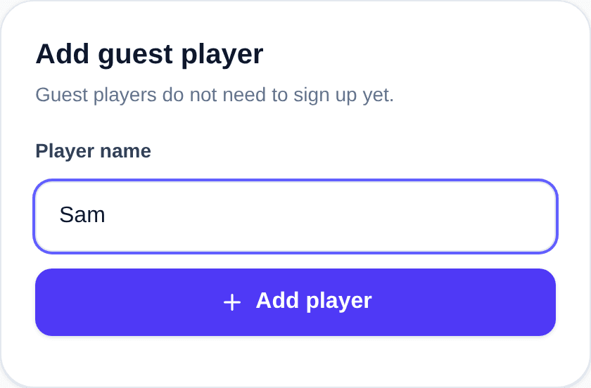 Add guest player card with Sam entered in the Player name field