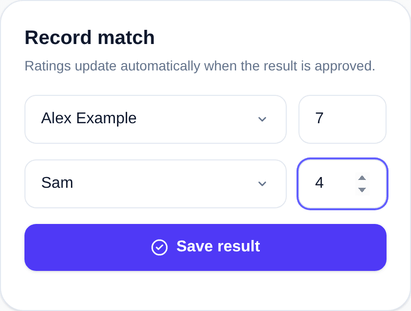 Record match form with Alex Example scoring 7 and Sam scoring 4